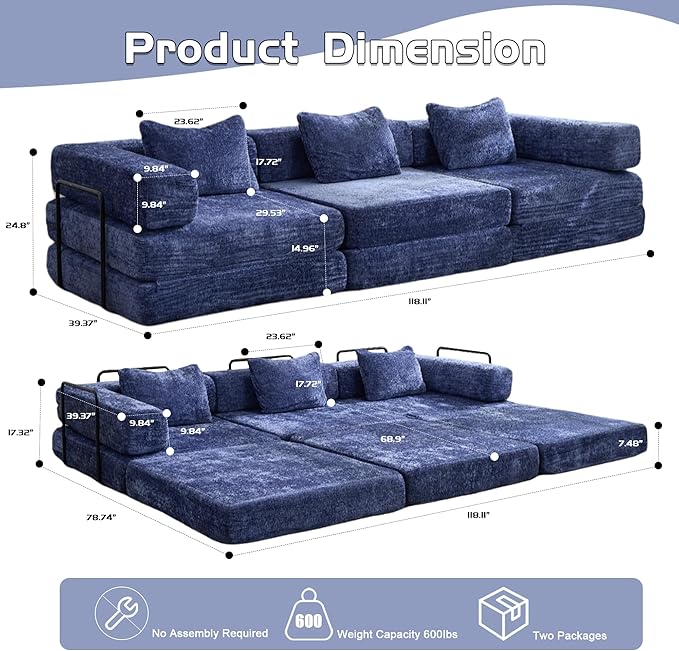 79" Convertible Sofa Bed with Pillows, Corduroy Folding Sleeper Sofa with Fixed-Shape Frame, Boneless Couch for Living Room Bedroom, Floor Sofa Lounge No Assembly Required (Modular Sofa - Blue)