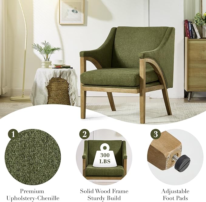 CIMOTA Mid Century Modern Accent Chairs Set of 2 with Barrel Back, Upholstered Armchair Comfy Reading Chairs with High-Rebound Foam Seat, Solid Wood Legs for Living Room/Bedroom, Linen Fabric, Green