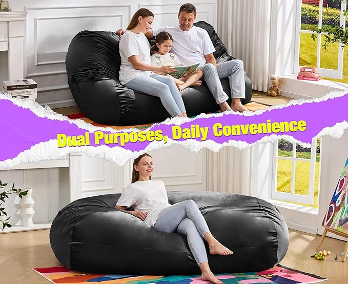 Hobestluk 6FT Bean Bag Chair Large Beanbag Lounger with Removable Cover Adult Bean Bag Chair with Portable Handle Desgin for Living Room Bedroom (Black, 6FT)