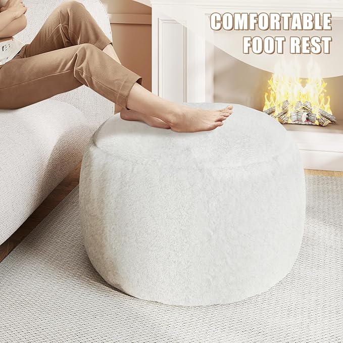 Gericco Round Pouf Ottoman Foot Rest, 29 X 18Inch Floor Poufs Footstool, A Round Modern Foam Filled Foot Stool for Living Room, Home, Nursery, Dorm, Outdoor (White, 29Inch)