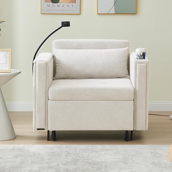 ORRD Pull Out Sofa Chair Bed, 2-in-1 Multi-Functional Sleeper Couch Small Loveseat Bed with Hidden Side Table, Phone Holder and Cup Holder for Living Room, Small Space, Apartment (White)