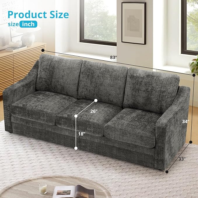 ACMEASE 83 Inches Chenille 3-Seat Sofa w/Comfortable Back Cushions, Modern Sofa w/Deep Seat Space, Upholstered 3 Seater Couch w/High Resiliency Foam for Living Room, Grey