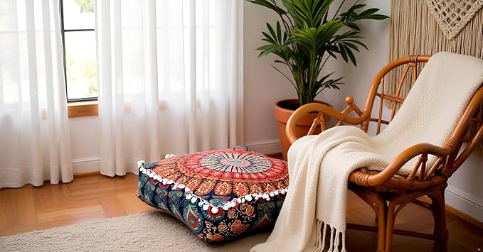 CRAFT KALA Large Hippie Mandala Meditation Floor Ottoman Pillow Cushion Pouf Cover Square Poufs Bohemian Circle Floor Cushion Case Outdoor Fireplace Yoga Living Room Decor Cover Orange, 16" Square