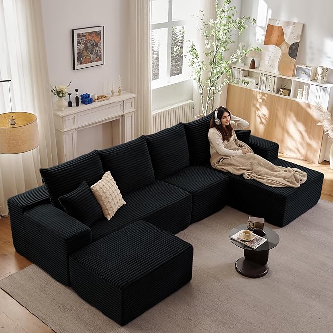 135.4" W Cloud Sectional Couch with Ottoman,Modern U-Shaped Cloud Couch with Deep Seat,Comfy Corduroy 4-Seater Sofa,Memory Foam Sofa for Living Room,No Assembly (Black,Right-Facing Chaise)