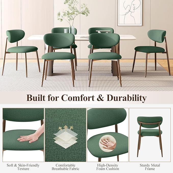 MALOL Dining Chairs Set of 4, Upholstered Dining Room Chairs with Metal Legs and Anti Slip Pads, Curved Back Kitchen Chair for Home and Restaurant Use, Green