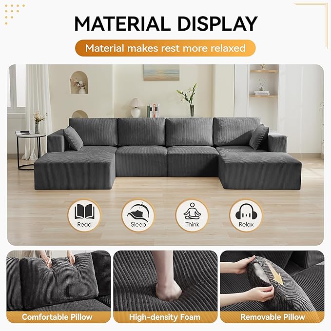 146'' Oversized Boneless Sofa, 4 Seater Modular Sectional Couch with 2 Moveable Ottoman, U Shaped Corduroy Convertible Sleeper Sofa with Chaise for Living Room, Grey