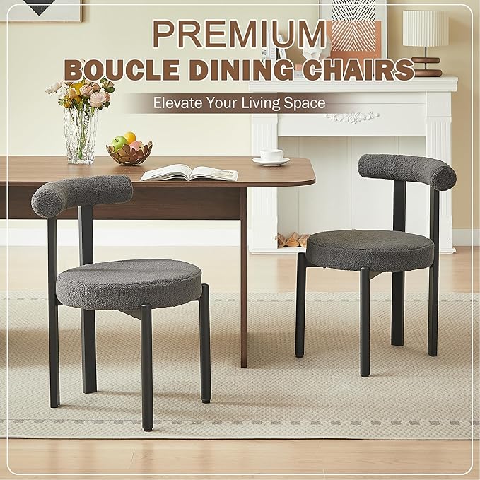 Kiztir Boucle Dining Chairs Set of 2, Modern Dining Room Chairs with Curved Backrest and Black Metal Legs, Upholstered Round Dining Accent Chairs for Kitchen, Living Room, Bedroom (Gray)