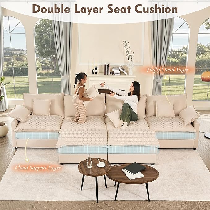 GOSUHI 142.5" U Shaped Couch, Modular Sectional Sofa, 3-Seater Comfy Cloud Couch with Movable Ottoman, Deep Seat Couches for Living Room, Linen, Beige