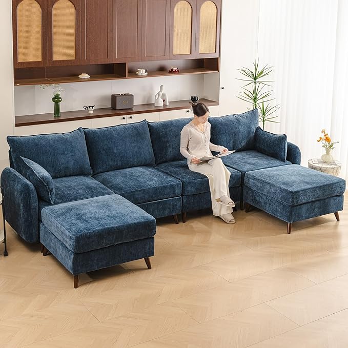 Rexulqo 135'' Modular Sectional Sofa with All Seats Storage, Oversized U Shaped Couch,4-Seater Comfy Cloud Couch with Movable Ottoman,24.5'' Deep Seat,Big Sofas for Living Room,Bedroom,Velet,Blue