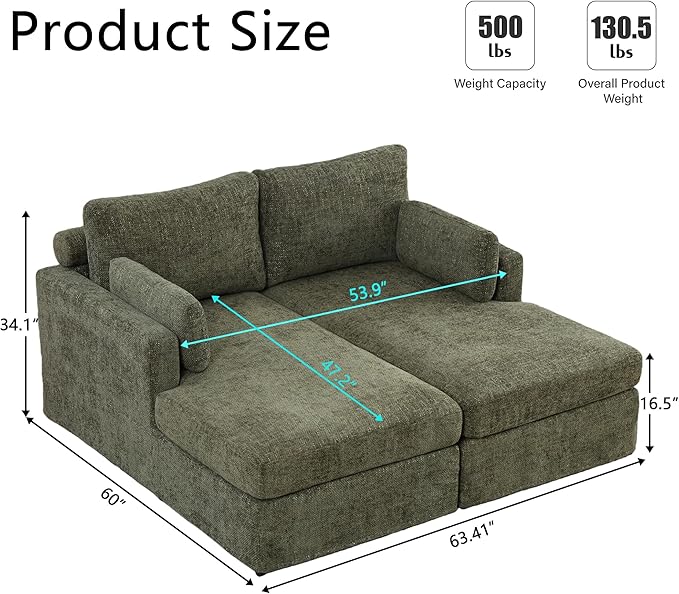 Arouseden Green Chaise Lounge Chair,63" Comfy Loveseat Sofa with Cylindrical Headrest for Neck Support,Chenille Chaise Lounge Indoor,Recliner Chair Oversized with Armrests and Throw Pillows