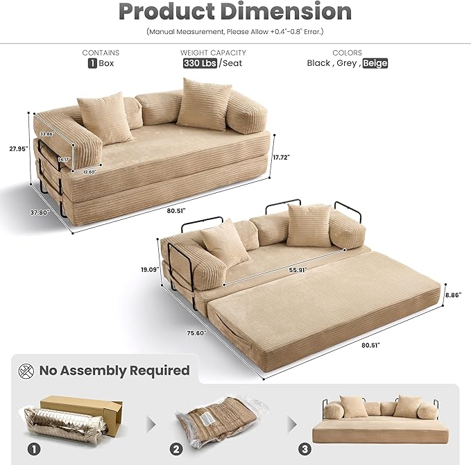 ovios 81" Folding Sofa Bed, Foldable Sleeper Boneless Couch with Pull Out Beds, Modular Convertible Floor Futon Loveseat Lounger for Living Room (Corduroy, Beige)