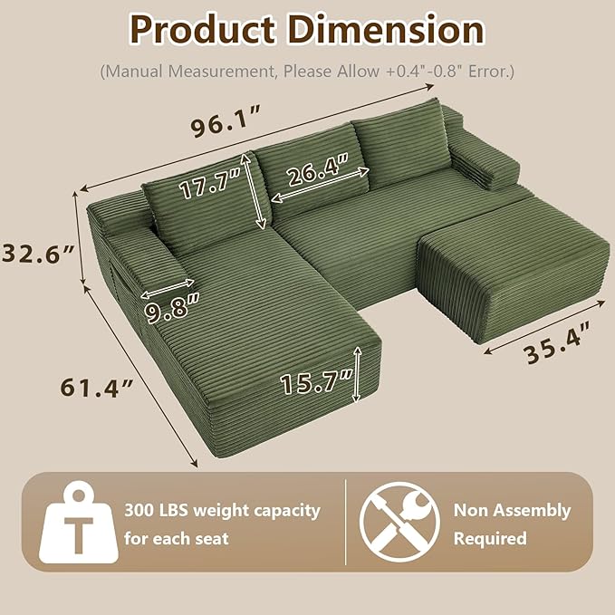 96" U-Shape Cloud Couch, Modern Modular Sectional L-Shape Sofa with Ottoman, Corduroy Upholstered Couches Deep Seat Sleeper Chaise Longue for Living Room, No Assembly Required(Green, Left Facing)