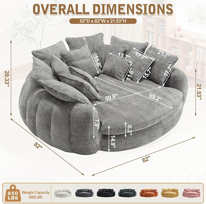 82'' Oversized Upholstered Sofa Bed, Round Chaise Lounge Chair Indoor, Modern Chenille Boneless Couch, No Assembly Required, Plush Sleeper Chair with 14 Pillows for Living Room, Light Grey