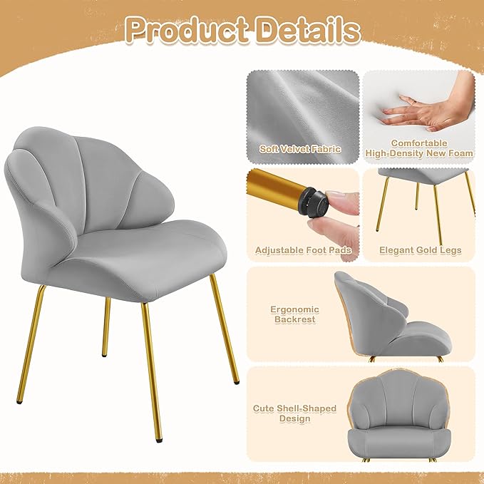 Yaheetech Vanity Chair, Velvet Accent Chair with Shell-Shaped Backrest, Modern Armchair with Gold Metal Legs for Dressing Room/Bedroom/Living Room, Light Gray