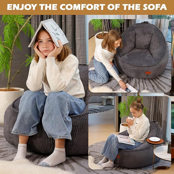 Bean Bag Chair, Cozy Fluffy Beanbag Chairs with Filler for Teens and Kids, Floor Lazy Sofa for Living Room, Gaming & Reading（M-Dark Grey）