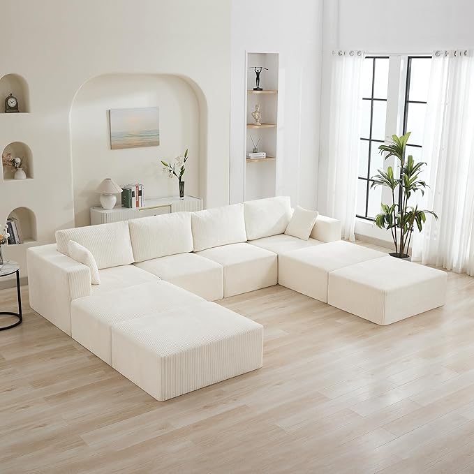 146'' Oversized Boneless Sofa Bed, 4 Seater Modular Sectional Couch with 4 Moveable Ottoman, No Asswmbly Corduroy Compression Sofas with Chaise for Home House, Beige