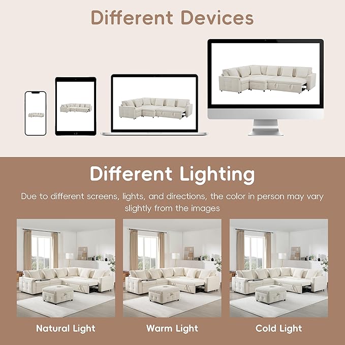 Furnimart Oversized Modular Sectional Pull-Out Sofa with Flip-up Table Panel, Reading Lamp, Charging Ports, Movable Storage Ottoman, Tufted Design, 6 Pillows, Free Combination, Chenille Beige