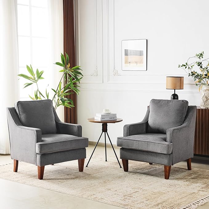 VINGLI Mid-Century Modern Accent Chairs Set of 2, Light Grey Upholstered Armchair Comfy Sofa Chairs Reading Chair High Back for Living Room Bedroom Furniture Apartment