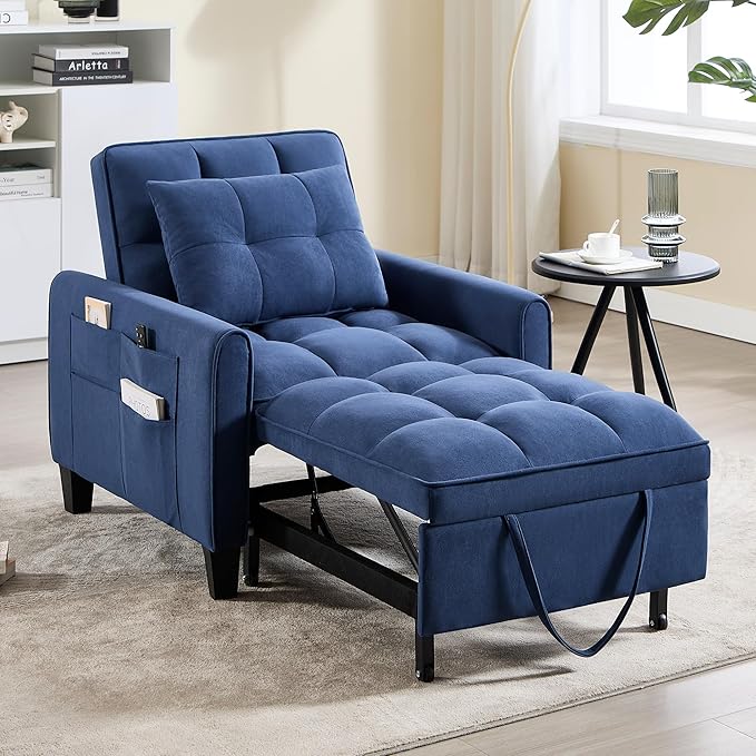 choairy Convertible Sleeper Chair, 3 in 1 Sleeper Chair Bed Pull Out Sofa Bed Chair, Single Sofa Bed Adjustable Backrest Chairs Bed Sleeper for Adults Reading Living Room, Bedroom, Velvet Blue