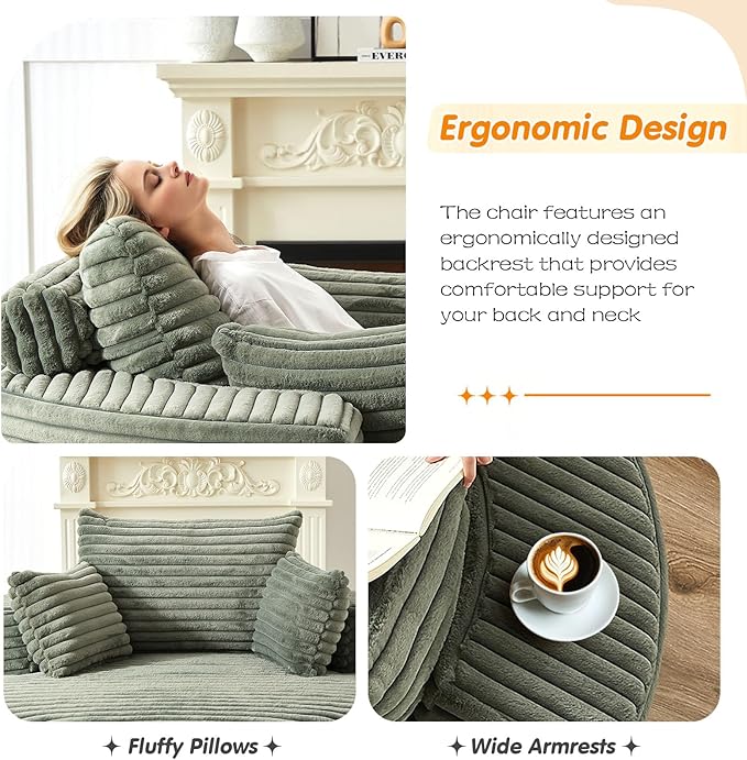 55"W Oversized Round Chair Lounge Chaise Indoor, Upholstered Comfy Circle Sofa Armchair, Modern Cozy Boneless Foam Floor Reading Chair for Living Room, Bedroom, No Assembly Required(Corduroy, Green)