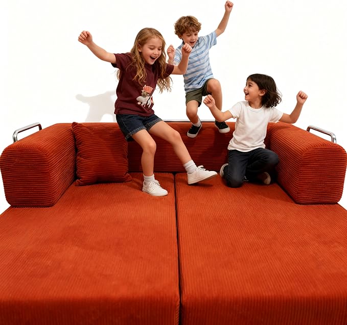 Modern Floor Sofa Bed with Bolster Pillows, Couch Bed,Foldable Sofa bigsize Sofa Convertible Lounger, Orange Red Corduroy (Orange red)