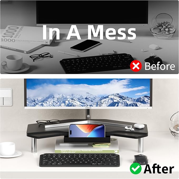 AFOOYO Monitor Stand Riser Black,Plane Wing-Shaped Sturdy Computer Stand Ergonomic Desk Organizer Riser Wood Monitor Stand with Drawer for Laptop, Computer,16.5 Inch