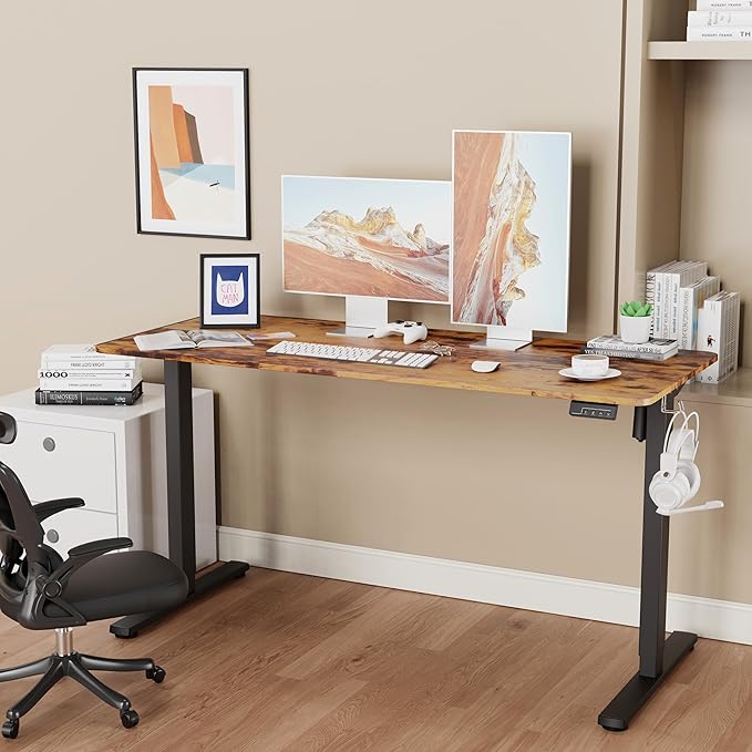 LongKe Electric Standing Desk Adjustable Height, 55x24 Inches Sit Stand up Desktop for Home Office, Ergonomic Rising Computer Table with Memory Preset,Rustic Brown