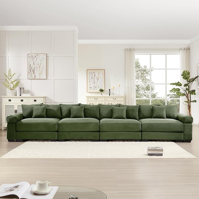 KEIKI 168" Oversized Corduroy Modular Cloud Sectional Sofa with High-Density Foam Cushions, Extra-Thick Armrest, Upholstered Modern 4-Seater Fluffy Corner Couch with 12 Pillow, for Living Room, Green