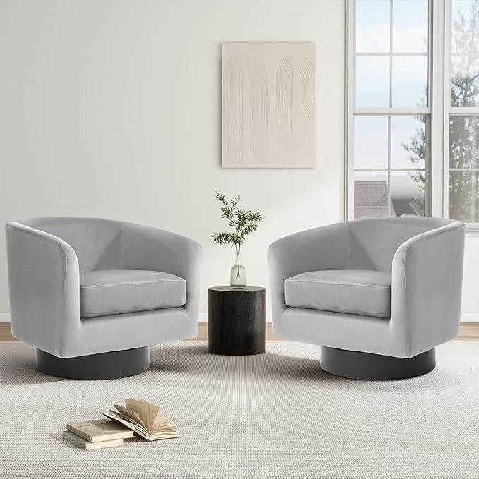 Swivel Barrel Chair, Modern Round PU Leather Accent Armchair for Living Room, Bedroom, Oversized Comfy Club Reading Chairs for Adults (Velvet Grey, Set of 2)