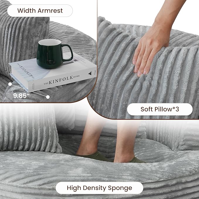 WJShome 50'' Corduroy Single Foam Couches, Oversized Round Chair with Pillows, Circle Chair Sleeper Couch,Modern Sleeper Boneless Sofa for Reading, Gray