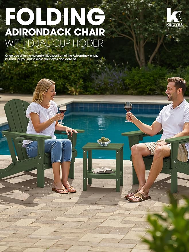 KINGYES Folding Adirondack Chair Set of 2, Dual Cup Holders & All-Weather HDPE, Wood-Like Patio Chair for Backyard, Camping, Pool & Fire Pit, Avocado Green