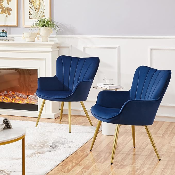 Yaheetech Velvet Accent Chair, Modern Armchair with Wing Side and Metal Legs, Cozy and Soft Padded and High Back for Living Room/Home Office/Bedroom, Set of 2, Blue
