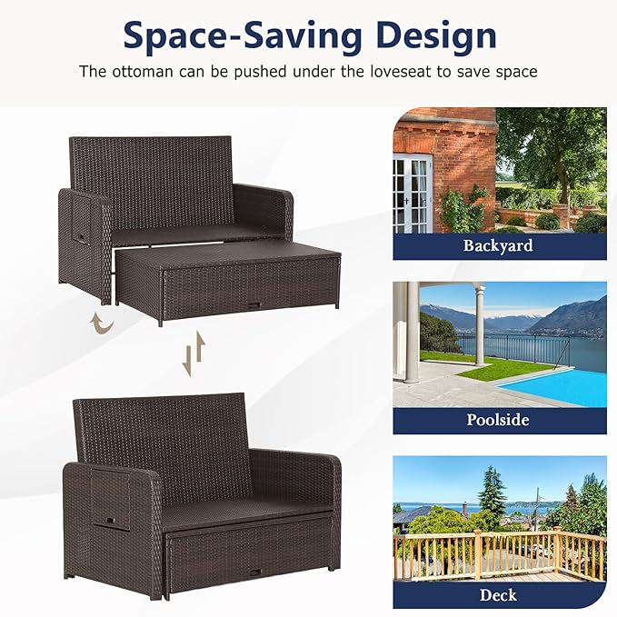 RELAX4LIFE Wicker Patio Outdoor Daybed - Rattan Day Bed Lounger with Loveseat & Storage Ottoman, Sunbed Sofa Set w/Cushions, 4-Level Adjustable Backrest & 2 Retractable Trays, Patio Daybed (Navy)