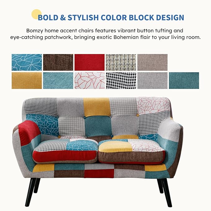 Bonzy Home Modern Boho Loveseat Couch Sofa Chair for Living Room Bedroom, Upholstered Colorful Plaid Fabric 2-Seat Love Seat Sofa with Wood Leg for Small Space, One Loveseat