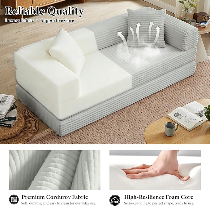Chorlenimi Boneless Couch Futon Sofa Bed Sectional Couches for Living Room,Cloud Couch with Sleeper Sofa,Sofas for Living Room Oversized Corduroy Upholstered (Light Grey, 76 Inches (No Iron Frame))
