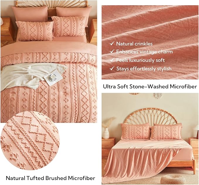 MR&HM Full Size Bed Sheets and Comforter Set Coral Pink, 7 Pieces Tufted Boho Beddding Sets, Farmhouse Style Bed in a Bag with 1 Comforter, 2 Pillow Shams, 2 Pillowcases, 1 Flat Sheet, 1 Fitted Sheet