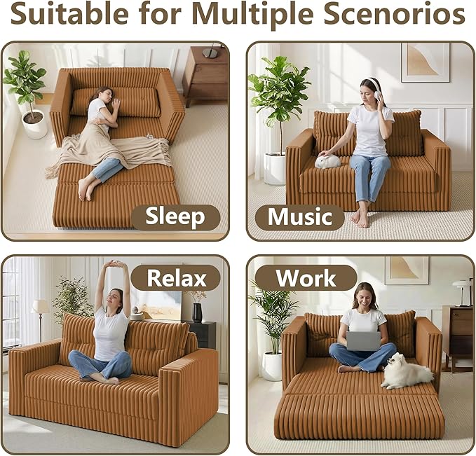 HABUTWAY Folding Sofa Bed, 2 in 1 Convertible Sleeper Chair with Pillow, Portable Fold Out Chair Bed with Armrest, Comfy Floor Couch, Lazy Sofa for Living Room Bedroom Dorm Home Office, Orange