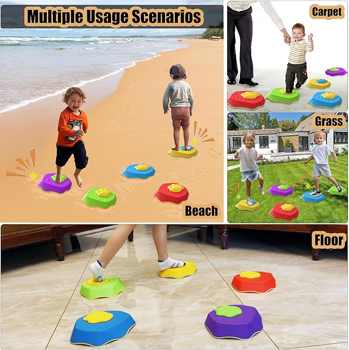 HTWELL Kids Stepping Stones with Sound,Durable Non-Slip Balance,Sensory Stepping Stones,Obstacle Course Indoor Outdoor for Toddler, Toy Gifts for Age 3+（5pcs）