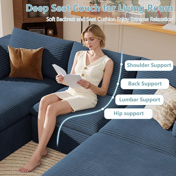 107" Cloud Sectional Couch with U-Shaped Chaise,Corduroy Viral Boneless Sofa with Ottoman,Memory Foam Couches in a Box with Deep Seat for Living Room,No Assembly Required (Blue,Left-Facing Chaise)