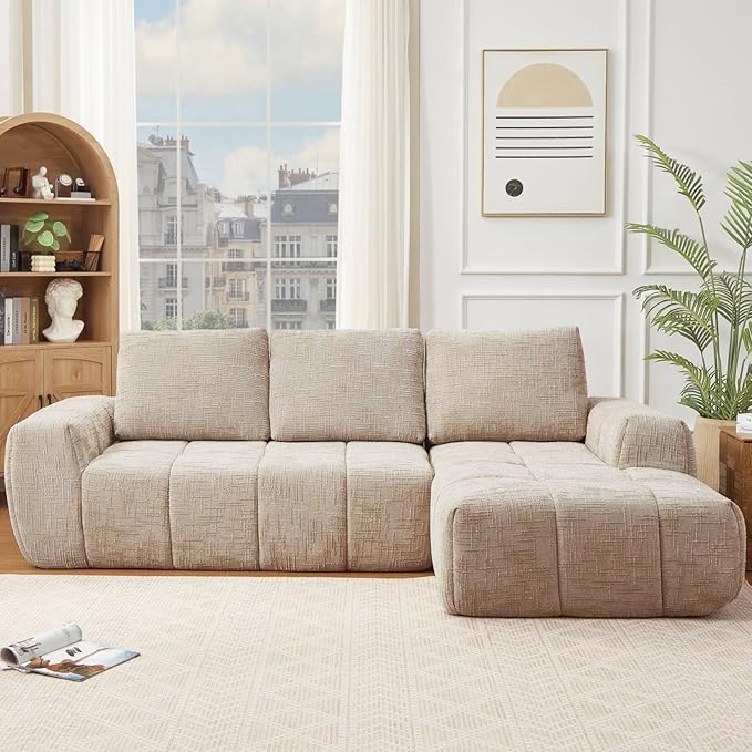 KEIKI Sectional Chenille Floor Sofa, Convertible L-Shaped Boneless Cloud Sleeper Couch with Chaise Lounge, Space Saving Modular Futon Couches Bed for Living Room Bedroom, No Assembly Required, Khaki