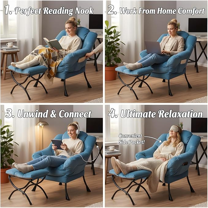 Tiita Lazy Chair with Ottoman, Blue Chiars Modern Large Accent Lounge Armchair, Comfy Leisure Sofa Reading Chair with Footrest for Bedroom, Living Room, Dorm Rooms, Garden, Velvet Light Blue