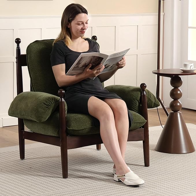 AQO Mid Century Modern Accent Chair and Armchair, Plush Lounge Chair Set of 2 for Living Room, Soft Cushion & Solid Wood Frame, Green