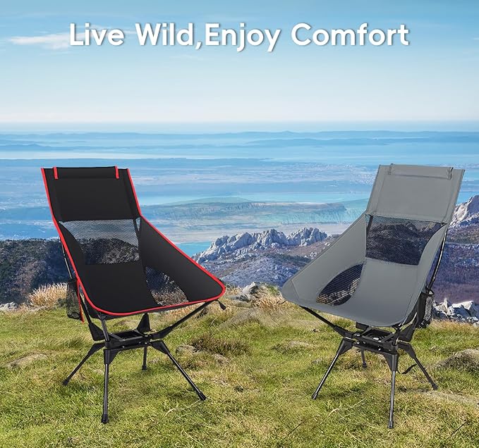 Swivel Camping Chair, High Back Folding Chair with Head Support, Side Cup Pocket, Stable Portable Outdoor Chair for Camp, Travel, Beach, Party, Fishing, Hiking, Backpacking, Grey