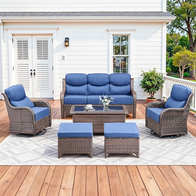 Pugire Luxury High Back Patio Furniture Set with 6-Inch Thick Cushions, 6-Pieces Outdoor Furniture with Swivel Chairs, Wicker Conversation Set for Porch, Balcony, Deck and Yard, Brown/Blue