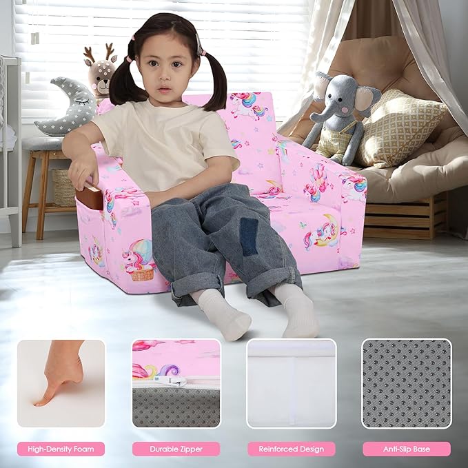 decalsweet Foldable Kids Sofa Couch 2 in 1 Children Convertible Sofa to Lounger Flip Open Toddlers Sofa Bed,Extra Wide Soft Lightweight for Bedroom Livingroom Playroom