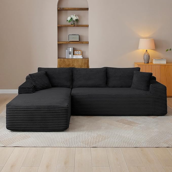 HYJT-H&K Modular Sectional Sofa Cloud Sectional Couch, 95" Comfy Fluffy L Shaped Black Couches for Living Room, Deep Seat Memory Foam Plush Corduroy Boneless Couch Sectionals Left Facing Chaise Sofa