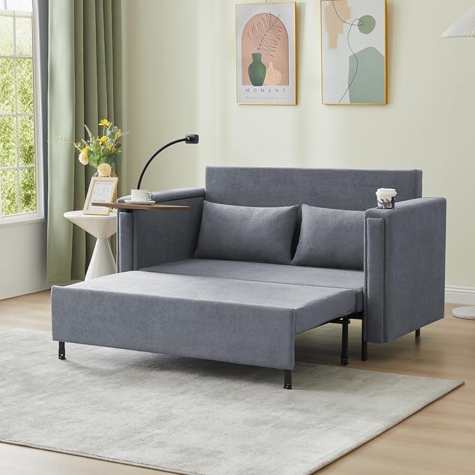 ORRD Pull Out Sofa Bed, 2-in-1 Multi-Functional Sleeper Couch Small Loveseat Bed with Hidden Side Table, Phone Holder and Cup Holder for Living Room, Small Space, Apartment (Grey)
