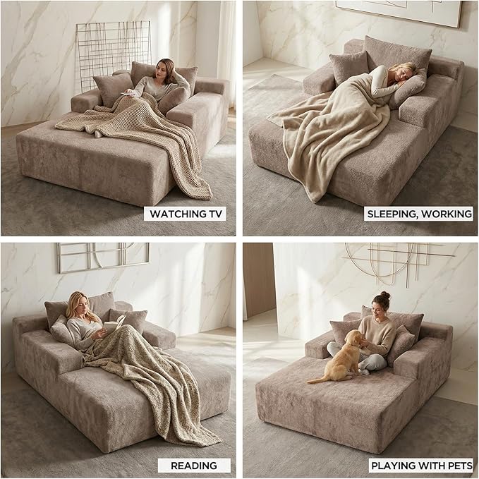 Sytopia Chaise Lounge with Armrests, Oversized Sofa Bed with 3 Pillows, Cozy Boneless Couch, Sleeper Reading Chair for Living Room Bedroom, Floor Sofa Chenille, Furniture Sala, Cashmere Beige