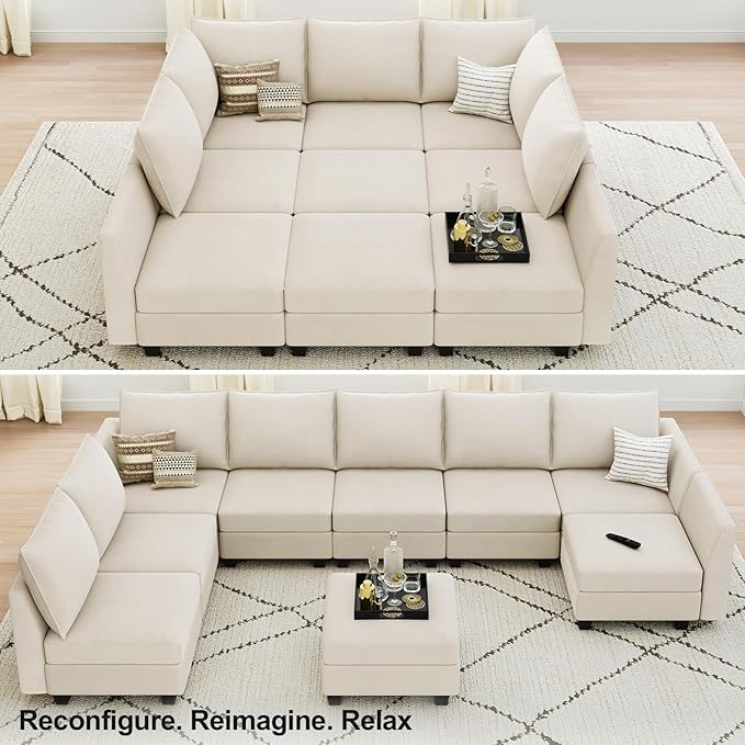 Belffin Large Modular Sectional Sofa Sleeper Couch with Storage Velvet Sectional Sofa Bed for Living Room, 9 Seats, Beige