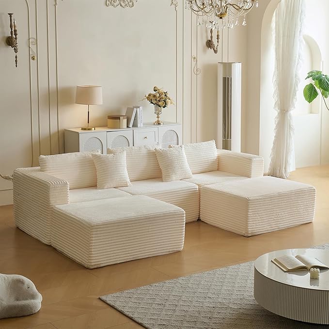 110" Modular Sectional Couch with 2 Movable Ottoman, Cloud Sofa Couches for Living Room, U Shaped Deep Seat Boneless Sofa,Luxury Corduroy Fabric, No Assembly Required White